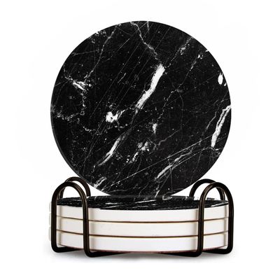 BaHomeck Marble Coasters Set of 4 with Holder Round Water Absorbent Premium Black Classic Marble Ceramic Coasters Tabletop Protection,Suitable for Various Coffee Cup,Home Decor,4 Inch
