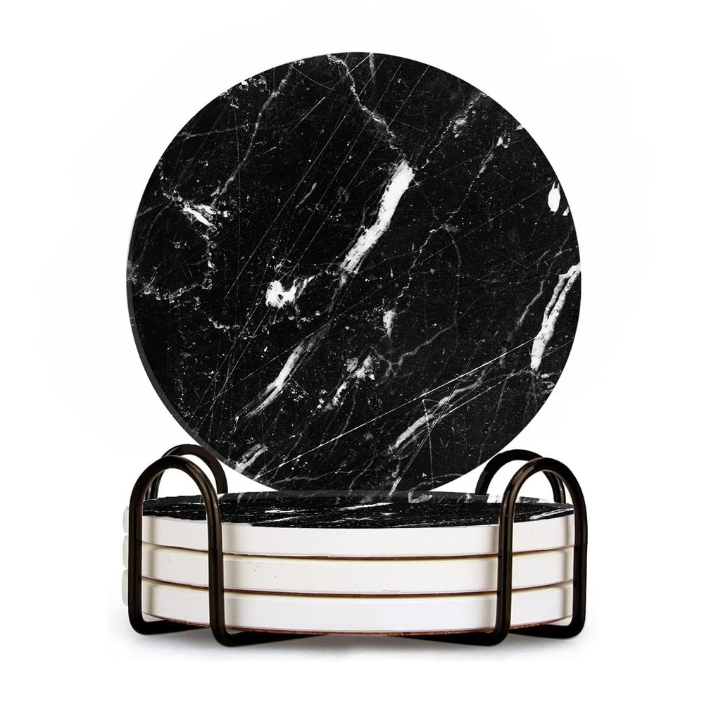 BaHomeck Marble Coasters Set of 4 with Holder Round Water Absorbent Premium Black Classic Marble Ceramic Coasters Tabletop Protection,Suitable for Various Coffee Cup,Home Decor,4 Inch
