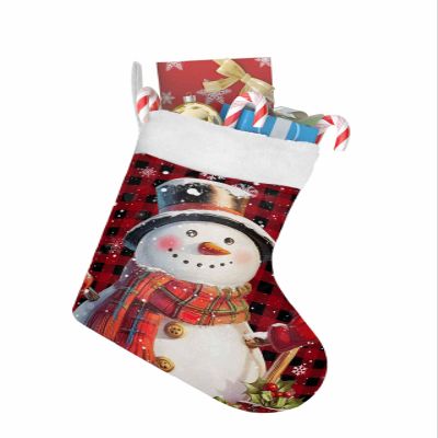 Christmas Stockings Christmas Snowman with Plaid Scarf,Large Xmas Stocking Christmas Hanging Stockings,Winter Snow on Buffalo Check Christmas Tree Stocking for Fireplace Party Holiday Decor