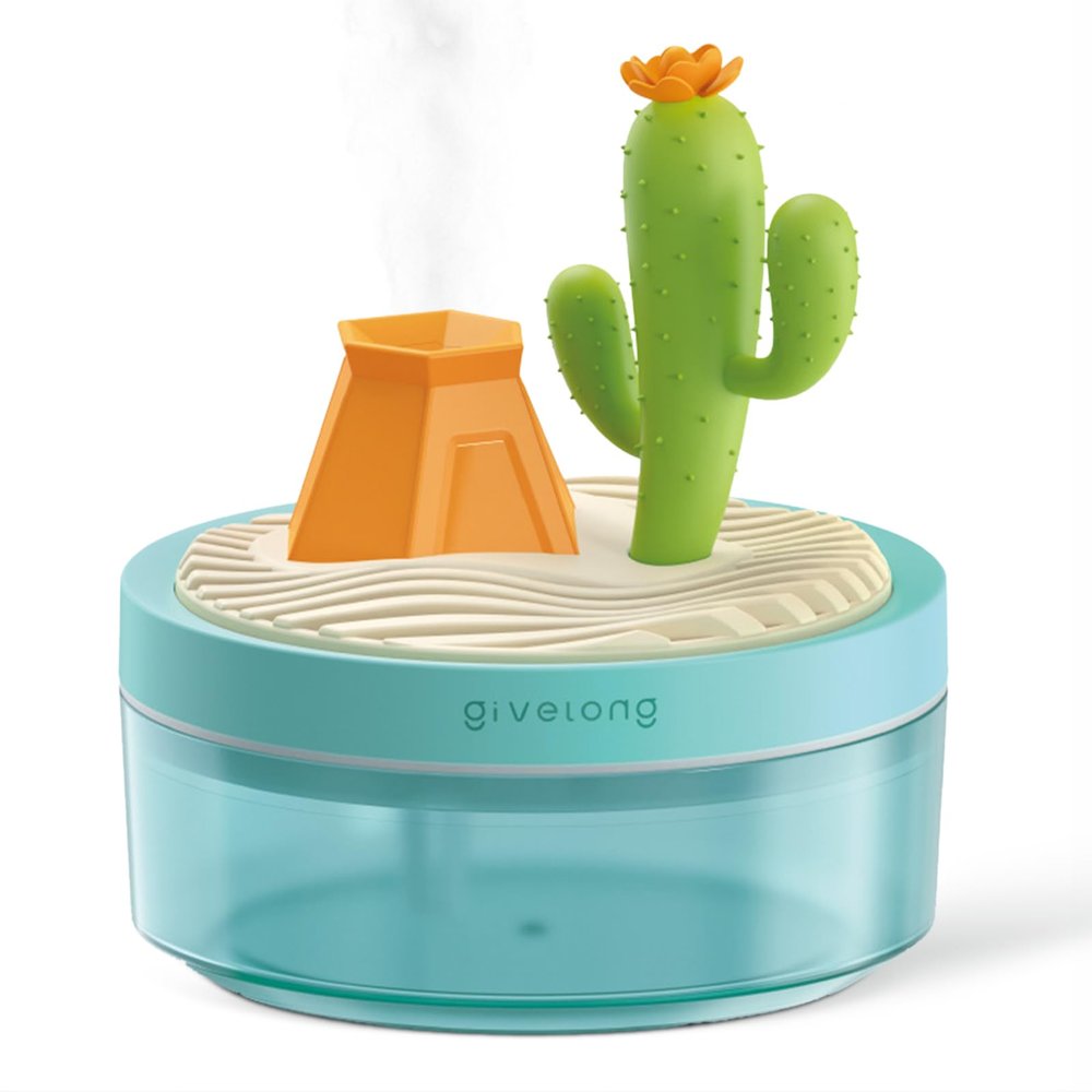 TECHPLUS Mini Humidifier Bedroom Quiet Air Humidifier with Landscape Decoration for Nursery Office Small Room and Plant - Night Lights, Auto Shut-off, Two Spray Modes (Green Cactus)