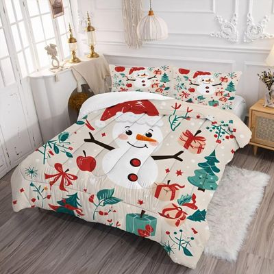 VTKON Beige Christmas Comforter Set for Kids King Microfiber Snowman Bedding Set Home Decoration for New Year and Christmas Snowman Quilt Blanket Cover