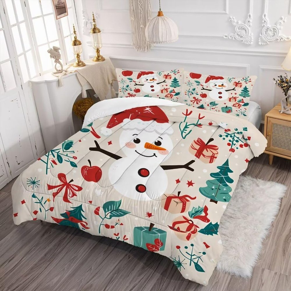 VTKON Beige Christmas Comforter Set for Kids King Microfiber Snowman Bedding Set Home Decoration for New Year and Christmas Snowman Quilt Blanket Cover