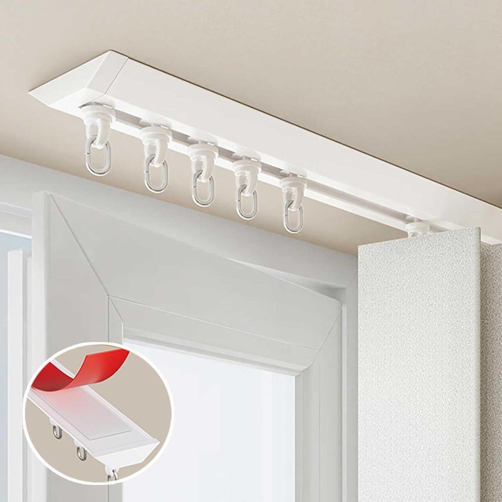 No Drill Aluminum Sliding Curtain Rail Self Adhesive Curtain Track Ceiling Mount Set Curtain rods no Drilling Home Blackout Room Divider Rod for Windows Closets(White,2m(6.6ft))