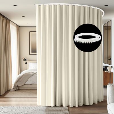 cbsroro Room Divider Ceiling Mounted Curtains Track Sets Extra Wide Blackout Curtain Flexible Tracks for Bedroom Privacy Partition Separator, 1 Panel Beige Drape and White Rail, W12.5 x H7ft