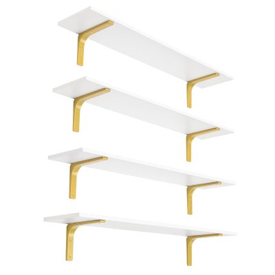 DINZI LVJ Long Wall Shelves, 39.4" Wall Mounted Shelves Set of 4, Large Floating Shelves for Wall with Metal Brackets, for Living Room, Bathroom, Bedroom, Kitchen, White and Gold