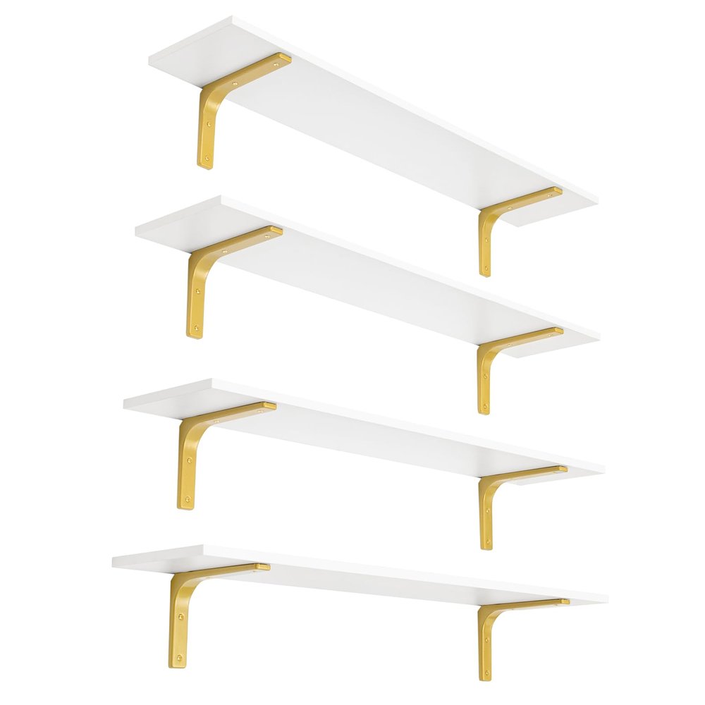 DINZI LVJ Long Wall Shelves, 39.4" Wall Mounted Shelves Set of 4, Large Floating Shelves for Wall with Metal Brackets, for Living Room, Bathroom, Bedroom, Kitchen, White and Gold