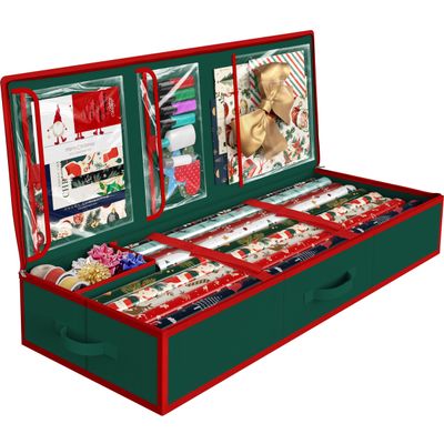 Simple Houseware 41.5" Wrapping Paper Storage Organizer - Fits 40 Rolls with Adjustable Straps, Interior Divider for Ribbons & Bows, 3 Clear Pockets for Gift Bags & Tools, 41.5''L x 16''W, Green
