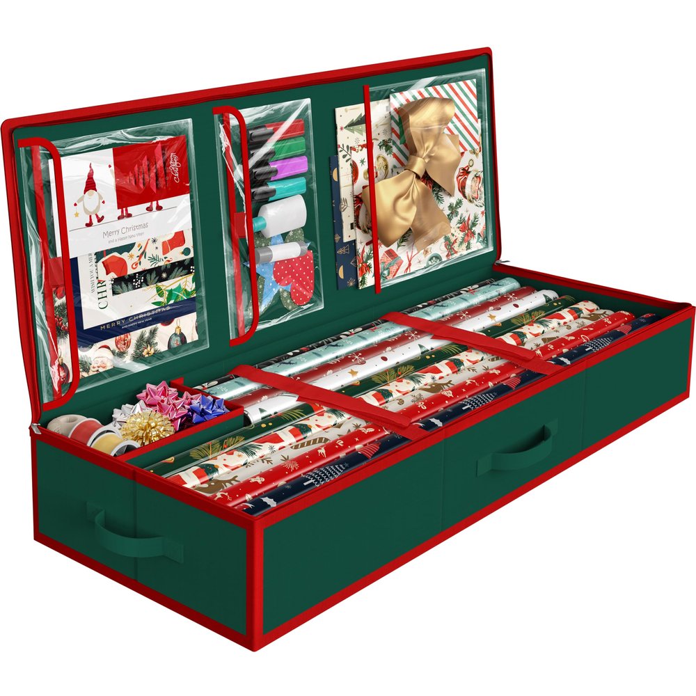 Simple Houseware 41.5" Wrapping Paper Storage Organizer - Fits 40 Rolls with Adjustable Straps, Interior Divider for Ribbons & Bows, 3 Clear Pockets for Gift Bags & Tools, 41.5''L x 16''W, Green