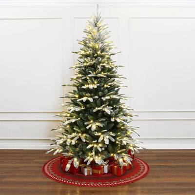 LuxenHome 7FT Prelit Flocked Christmas Tree with Lights, Fraser Fir Christmas Tree Flocked with 450 Warm White LED Lights, Realistic Xmas Tree with 1080 PE+PVC Tips for Indoor and Outdoor Xmas Decor