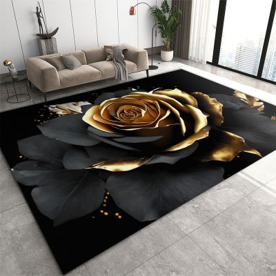 2x4 Runner Rug Luxury Black Gold Rose Rugs for Entryway, Modern Flowers Washable Kitchen Rugs Soft Non Slip Anti Fatigue for Sink Laundry Indoor Hallways