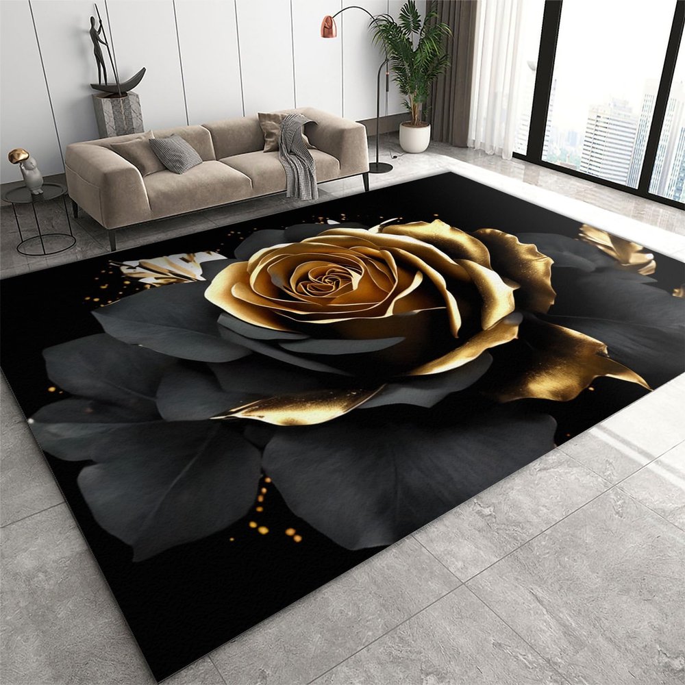 2x4 Runner Rug Luxury Black Gold Rose Rugs for Entryway, Modern Flowers Washable Kitchen Rugs Soft Non Slip Anti Fatigue for Sink Laundry Indoor Hallways
