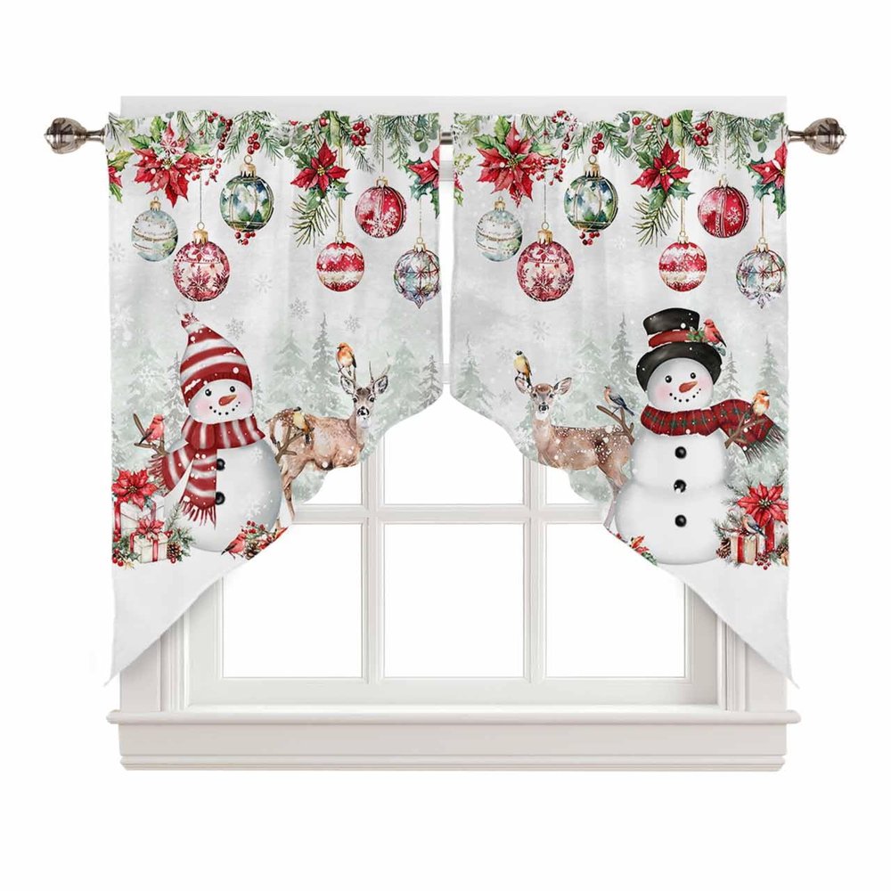 Christmas Swag Curtains, Snowman Poinsettia Pine Tree Swag Valances for Windows Rod Pocket Winter Kitchen Curtains Valances Scalloped Valance/Swag Xmas Window Treatment (36" W x 36" L Each Panel)