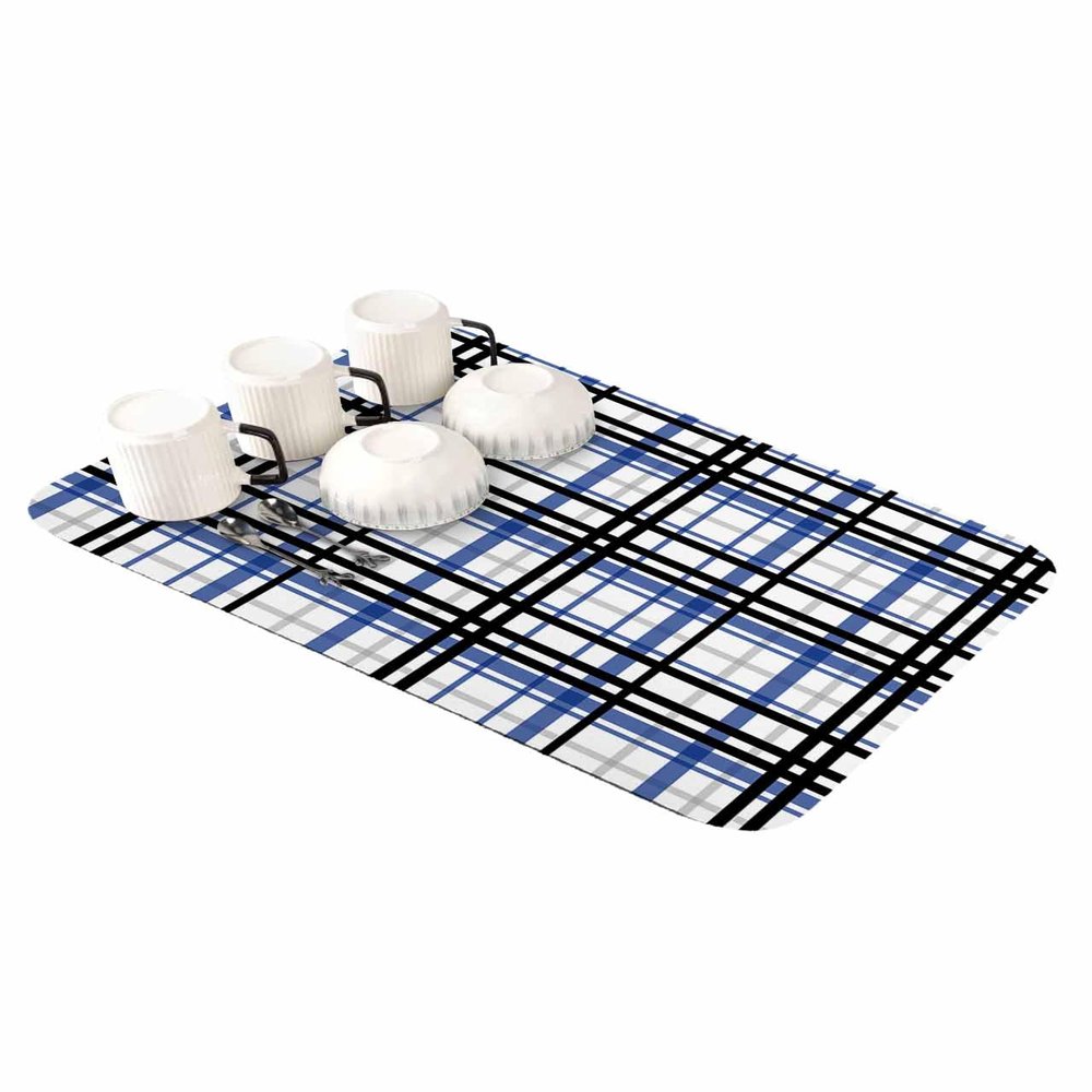 Hokiten Blue Black Plaid Dish Drying Mat for Kitchen Counter, Ultra Absorbent Coffee Mat/Dish Drainer, Farmhouse Blue Black Checkered Quick Drying & Rubber Backed Drying Mat Rack Pad, 16"W x 24"L