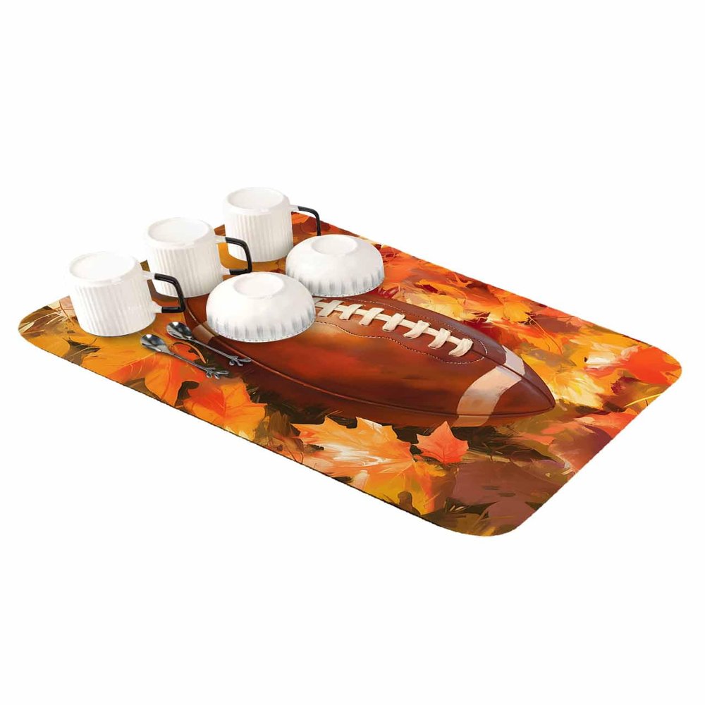 Hokiten Fall Football Dish Drying Mat for Kitchen Counter, Ultra Absorbent Coffee Mat/Dish Drainer, Thanksgiving Maple Leaf Orange Yellow Quick Drying & Rubber Backed Drying Mat Rack Pad, 12"W x 16"L