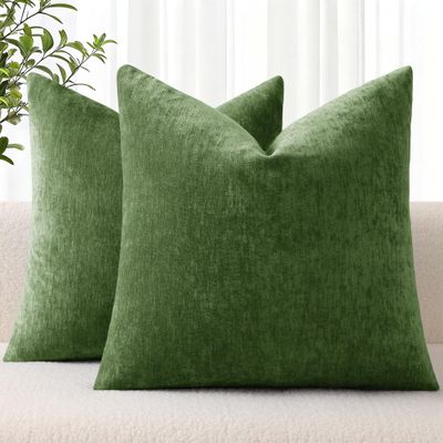 decorUhome Chenille Moss Green Spring Euro Sham Throw Pillow Covers 26x26 Inch Set of 2, Decorative Soft Couch Pillow Covers Solid Dyed Accent Farmhouse Neutral Square Pillow Cases for Sofa