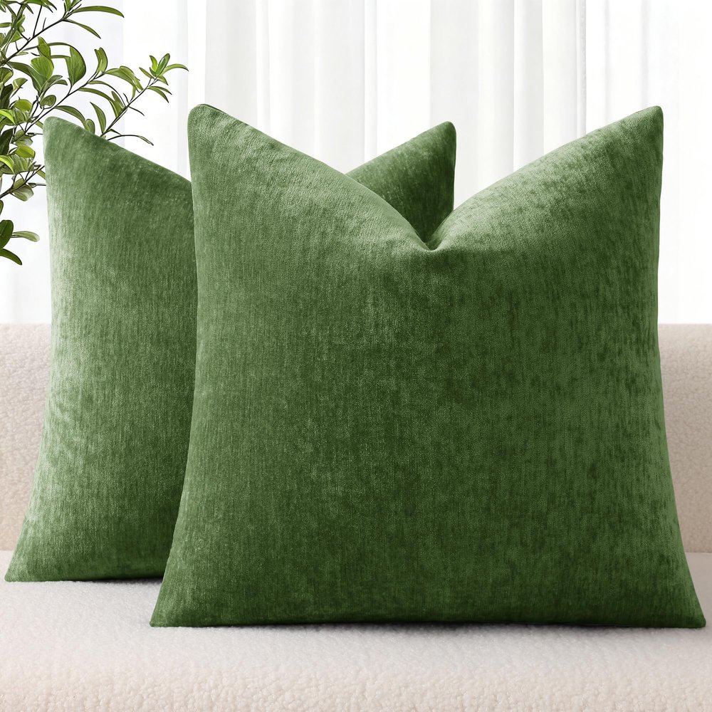 decorUhome Chenille Moss Green Spring Euro Sham Throw Pillow Covers 26x26 Inch Set of 2, Decorative Soft Couch Pillow Covers Solid Dyed Accent Farmhouse Neutral Square Pillow Cases for Sofa