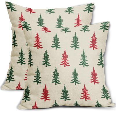 Christmas Tree Pillow Covers 16x16 Set of 2 Green Red Xmas Rustic Style Winter Print Decorative Outdoor Pillowcases Farmhouse Vintage Holiday Decorations Throw Cushion Case Decor for Couch Sofa Bed