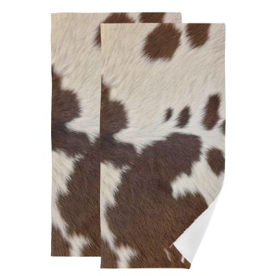 COVASA Brown Beige Cow Print Hand Towels for Bathroom Set of 2,Soft Absorbent Rustic Western Cowhide Farm Animal Kitchen Dish Towels,Decorative Guest Bathroom Towels for Face,Hair,Gym,Shower 14"x28"