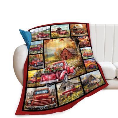 Red Trucks Blanket Gifts for Girls Boys Women Farm Flower Throw Blankets Farmhouse Old Barn Truck Fleece Flannel Stuff Soft Lightweight Country Plush Blanket for Kids Teen Adult Bed Sofa Decor 60"x50"