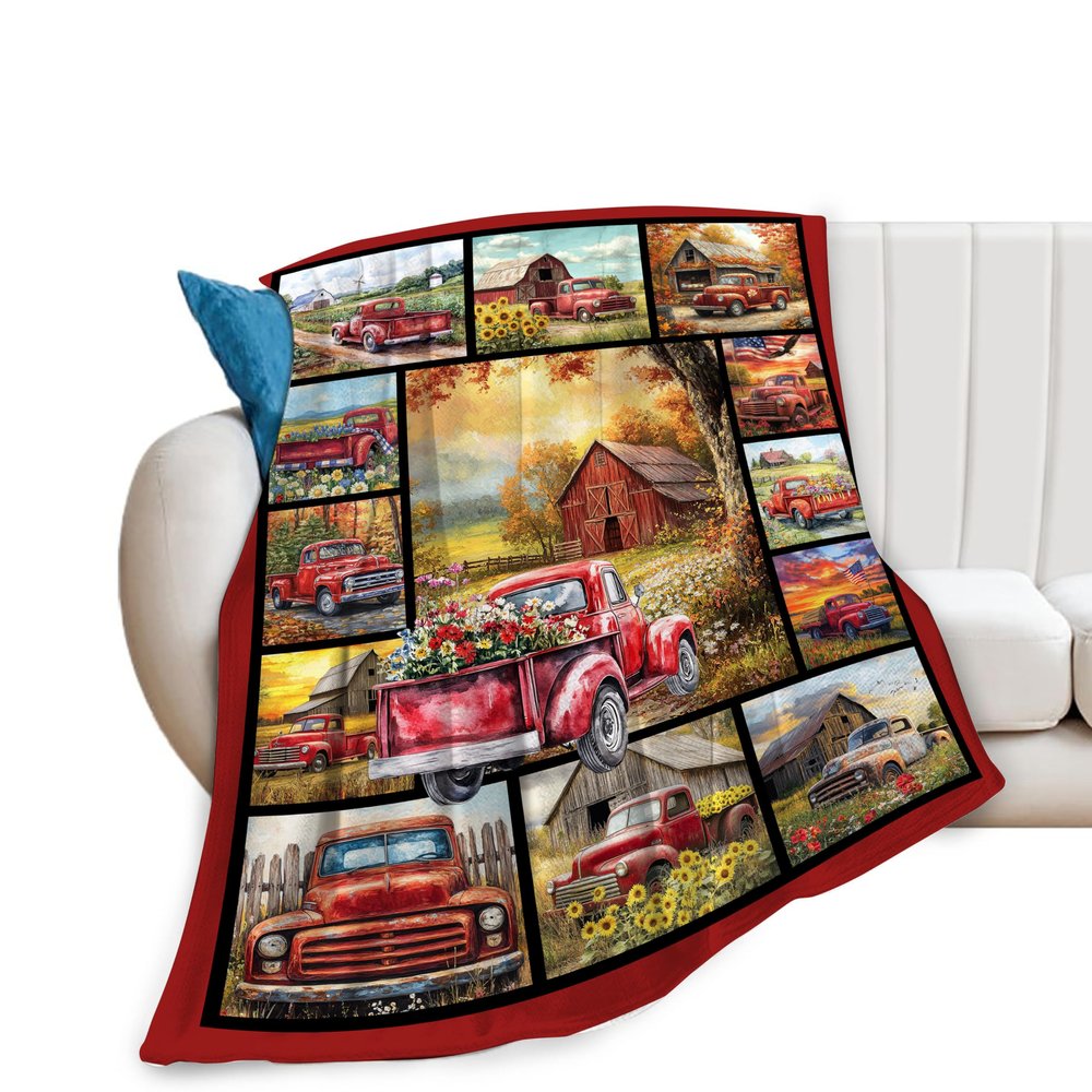 Red Trucks Blanket Gifts for Girls Boys Women Farm Flower Throw Blankets Farmhouse Old Barn Truck Fleece Flannel Stuff Soft Lightweight Country Plush Blanket for Kids Teen Adult Bed Sofa Decor 60"x50"