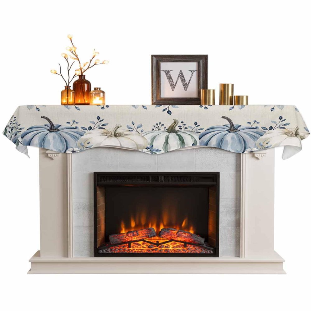 Thanksgiving Fall Mantel Scarf for Fireplace Decorations,Blue White Pumpkin Eucalyptus Beige Fireplace Mantel Scarves Mantel Dresser Cover Runner for Christmas/Thanksgiving/Halloween/Fall,60"x17"