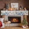 Thanksgiving Fall Mantel Scarf for Fireplace Decorations,Blue White Pumpkin Eucalyptus Beige Fireplace Mantel Scarves Mantel Dresser Cover Runner for Christmas/Thanksgiving/Halloween/Fall,60"x17" view 2