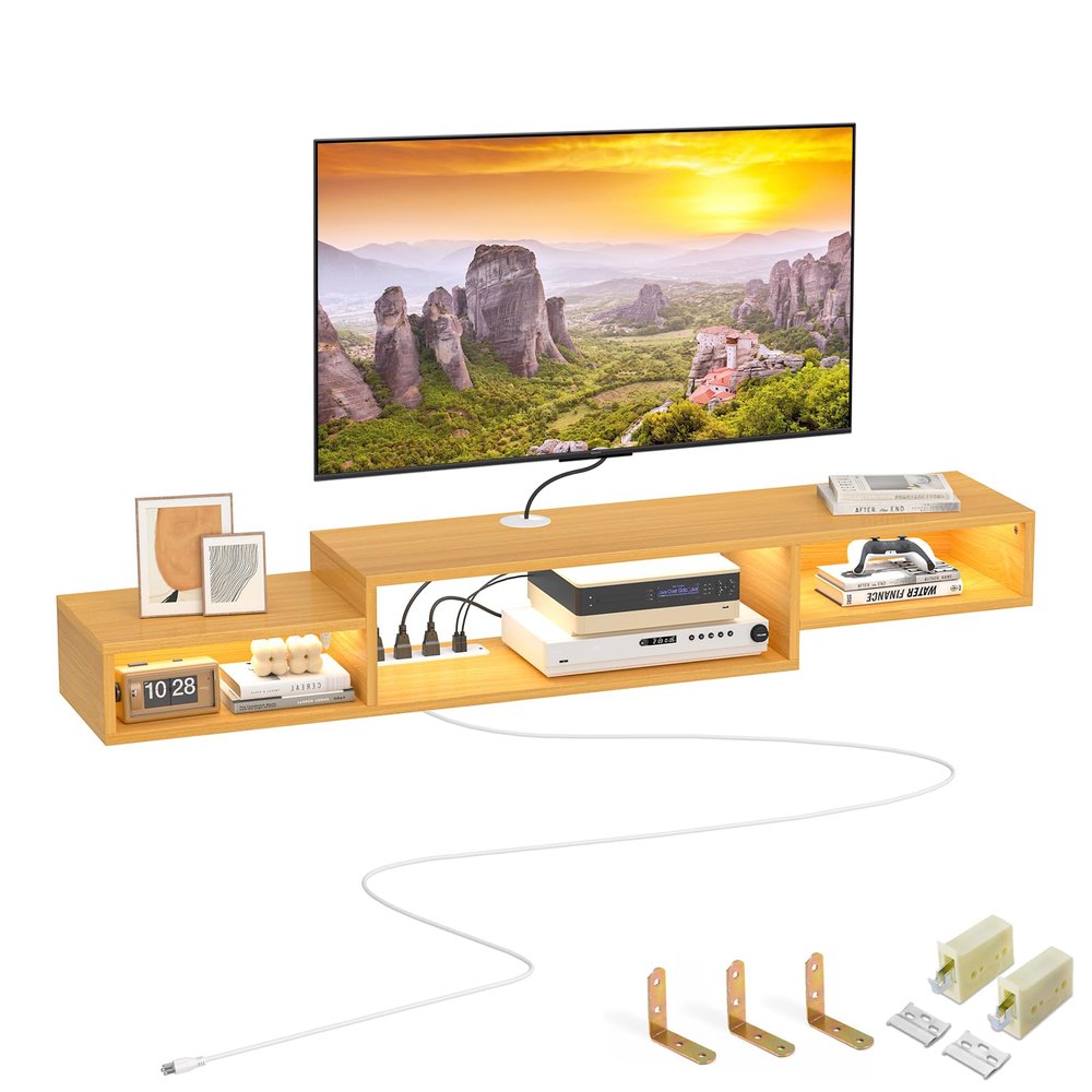 FABATO 59'' Floating TV Stand with LED Light Power Outlet, Floating Shelf for Under TV Wall Mount with Storage Shelf, Media Console Entertainment Center for Living Room, Natural Wood
