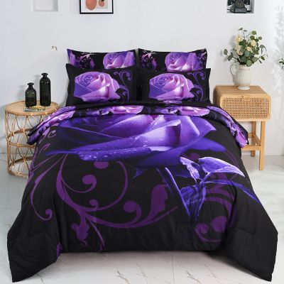 Xruibed Floral Comforter Set Full 7 Piece Bed in a Bag Purple Rose Flower Comforter with Sheet Set Soft Micorfiber Bedding Set (1 Comforter,2 Pillow Shams,1 Flat Sheet,1 Fitted Sheet,2 Pillowcases)