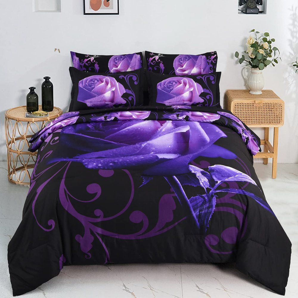 Xruibed Floral Comforter Set Full 7 Piece Bed in a Bag Purple Rose Flower Comforter with Sheet Set Soft Micorfiber Bedding Set (1 Comforter,2 Pillow Shams,1 Flat Sheet,1 Fitted Sheet,2 Pillowcases)