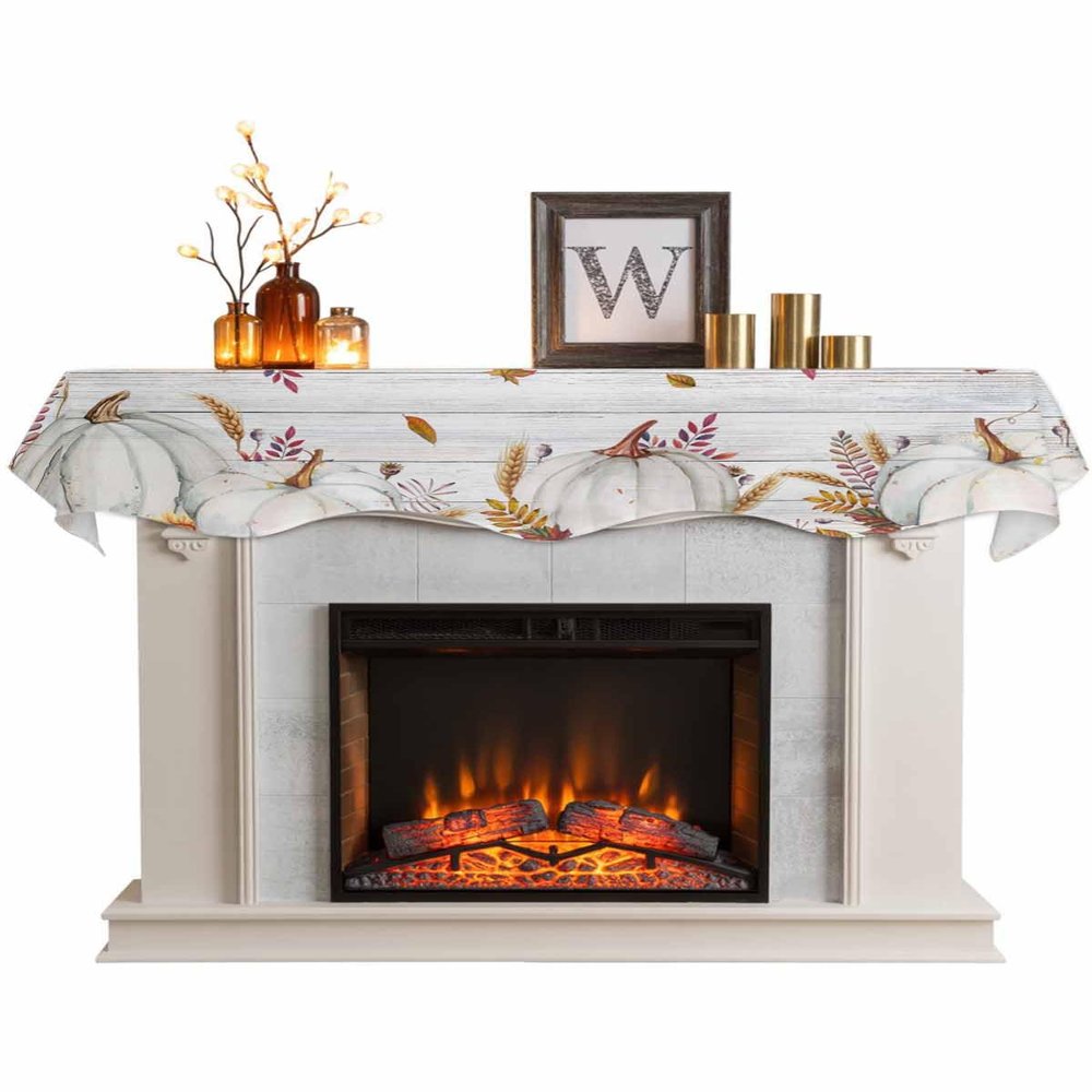 White Pumpkin Mantel Scarf for Fireplace Decorations,Thanksgiving Fall Sunflower Wheat Wood Grain Fireplace Mantel Scarves Mantel Dresser Cover Runner for Christmas/Thanksgiving/Halloween/Fall,60"x17"