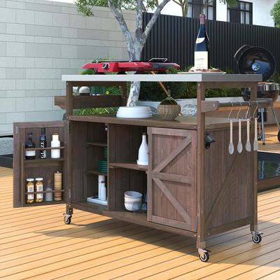 Kennkari Outdoor Rolling Kitchen Island on Wheels with Storage Cabinet, Solid Wood Island Table, Mobile Kitchen Cart with Stainless Steel Top, Farmhouse Grill Cart (Dark Brown)