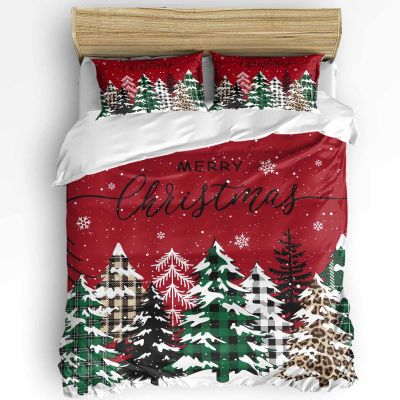 Boanket Red Christmas Tree 3 Pieces Bedding Set Cal. King Size, Green Beige Plaid Xmas Tree Soft Duvet Cover Set Comforter Cover Set with Zipper Closure, Winter Snowflake Breathable Bedding Set