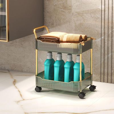 YIONEWIN Acrylic Storage Trolley, Bathroom Kitchen Rolling Utility Cart Mobile Organization Shelves with Handle and Lockable Wheel(Green,2 Tier)