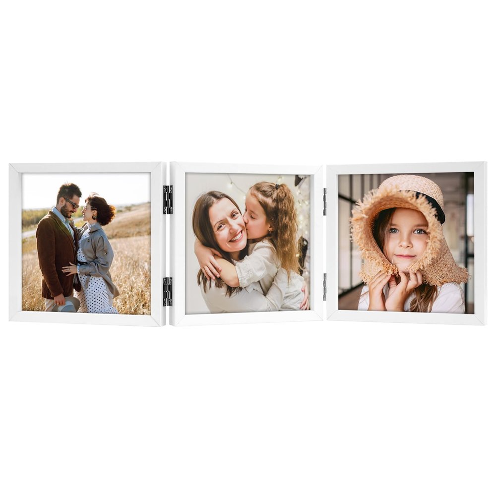 ORIVAN 5x5 Triple Picture Frame Hinged 3 Photos Folding Photo Frames with Glass Vertical Stand Frames, White