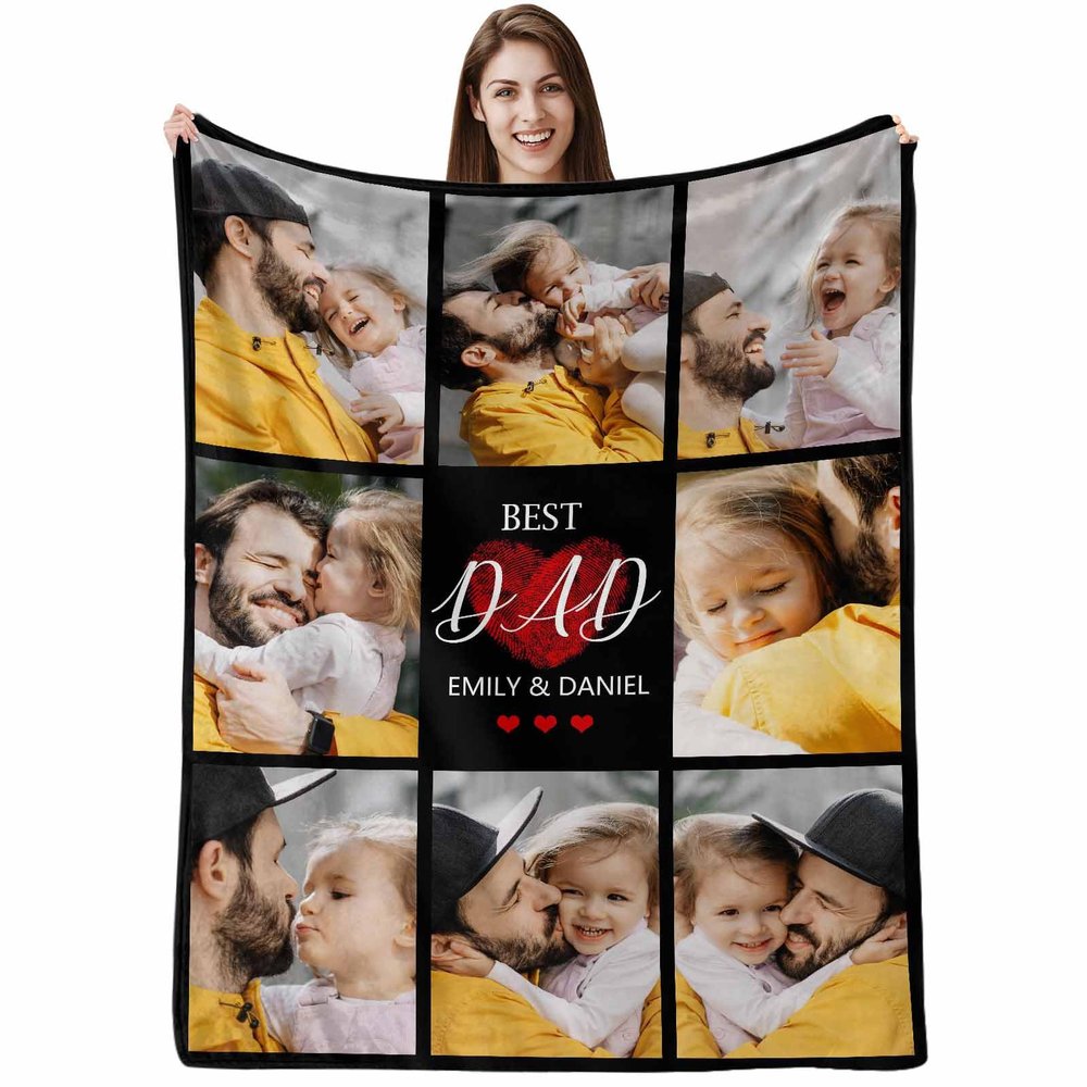 ArteKunsty Custom Father Blanket with Photos Name, 8 Photos Best Dad Personalized Flannel Throw Blanket Soft Cozy Travel Blanket Safa Bedding Decoration Photos Blanket for Daddy Grandpa Men