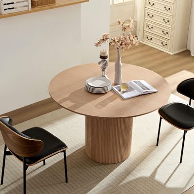 Dining Table for 4-6, 47.2 Round Dining Table, MDF Handcraft Pedestal Dining Room Table, Modern Leisure Kitchen Table Coffee Table for Kitchen, Dining Room, Living Room, Apartment, Oak