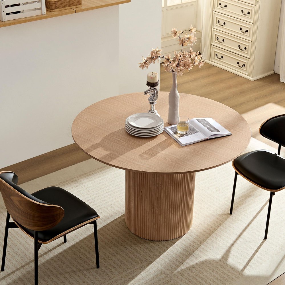 Dining Table for 4-6, 47.2 Round Dining Table, MDF Handcraft Pedestal Dining Room Table, Modern Leisure Kitchen Table Coffee Table for Kitchen, Dining Room, Living Room, Apartment, Oak