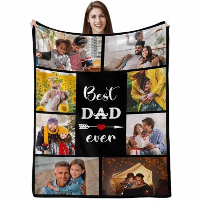 ArteKunsty Personalized Best Dad Ever Throw Blanket, 8 Photos Customized Flannel Blanket Happy Father's Day Birthday Family Blanket Home Decoration Travel Picnic Blanket Lightweight Blanket