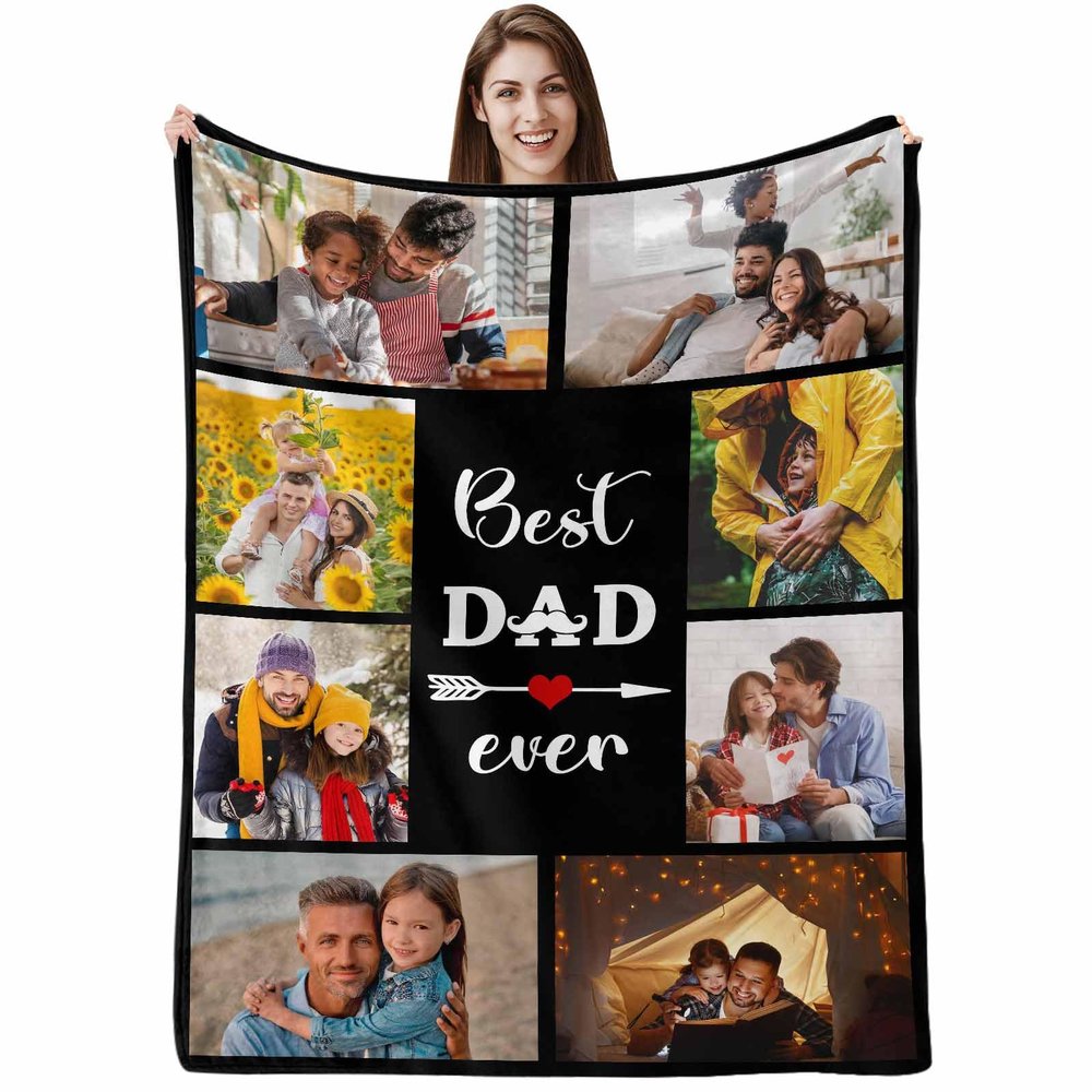 ArteKunsty Personalized Best Dad Ever Throw Blanket, 8 Photos Customized Flannel Blanket Happy Father's Day Birthday Family Blanket Home Decoration Travel Picnic Blanket Lightweight Blanket