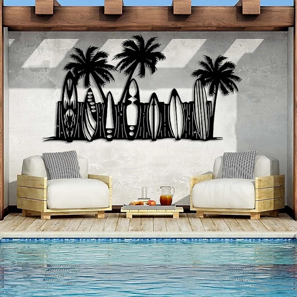 Bestome Surfboard Plam Metal Wall Decor, Beach Wall Decor, Coastal Decor, Metal Surfboard, Beach Themed Room Decor, Surfboard Wall Decor, Plam Tree Metal Wall Art (Black, 53"x29"|135x73 cm)