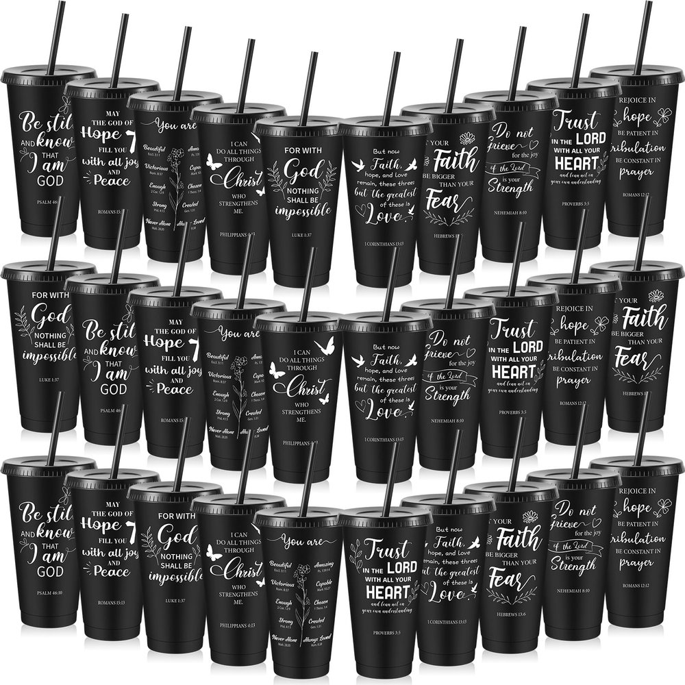 Uiifan 30 Pcs Christian Gifts Cups Bulk for Women Bible Verse Christian Tumblers with Lids and Straw 24oz Religious Church Gifts for Women Church Volunteers (Black Color,Bible)