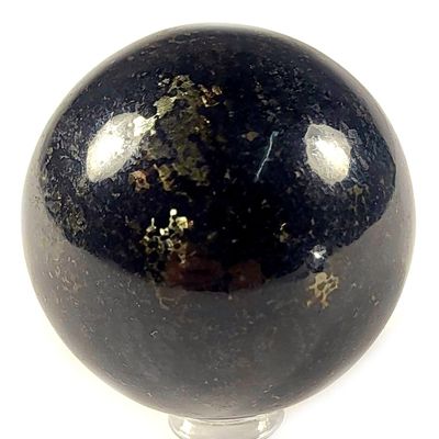 49mm Black Nuumite Nuummite Carved Sphere Polished Natural Metallic Sparkling Collectible Gemstone Crystal Mineral Ball - India + Stand (1PC)