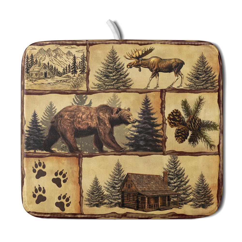 Vintage Bear Moose Dish Drying Mat 16x18 Inch Country Cabin Absorbent Dish Draining Mat Heat Resistant Drying Pad for Counter Sink Home