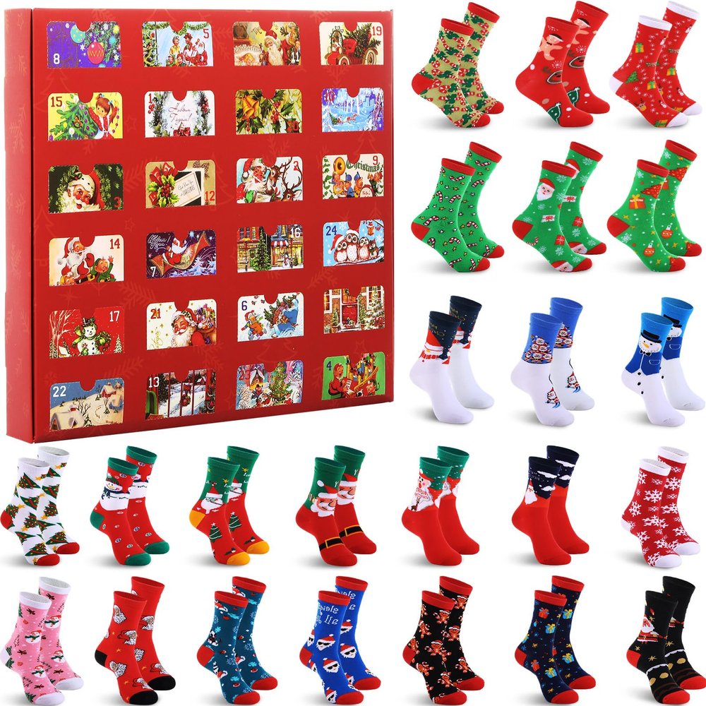 Suhine 24 Pairs Christmas Sock Gift Bulk for Women Men Adult Soft Christmas Xmas Holiday Festival Sock Advent Calendar 2026(Classic Style)