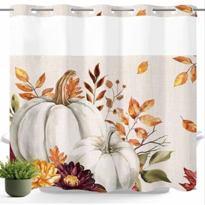 No Hook Thanksgiving Shower Curtain with Snap in Liner Set,Autumn Harvest Watercolor Pumpkin Double Layers Shower Curtains with See Through Top Window Fall Maple Leaves on Linen Bath Curtain,72Wx72L