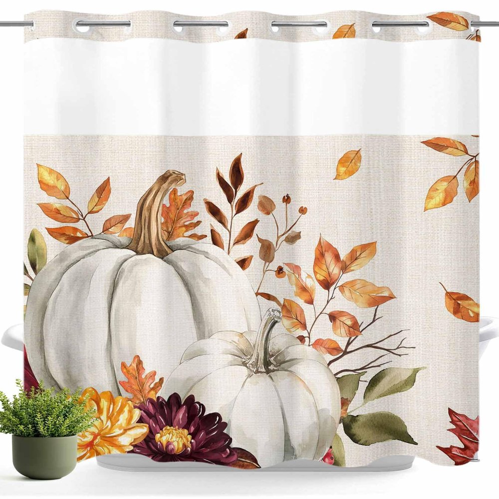 No Hook Thanksgiving Shower Curtain with Snap in Liner Set,Autumn Harvest Watercolor Pumpkin Double Layers Shower Curtains with See Through Top Window Fall Maple Leaves on Linen Bath Curtain,72Wx72L