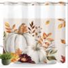 No Hook Thanksgiving Shower Curtain with Snap in Liner Set,Autumn Harvest Watercolor Pumpkin Double Layers Shower Curtains with See Through Top Window Fall Maple Leaves on Linen Bath Curtain,72Wx72L view 1