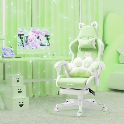Vigosit Cute Cat Ears Gaming Chair for Women Girls - Ergonomic PU Leather Office Chair with Footrest cat paw Pillow, 360 Swivel Recliner, Green