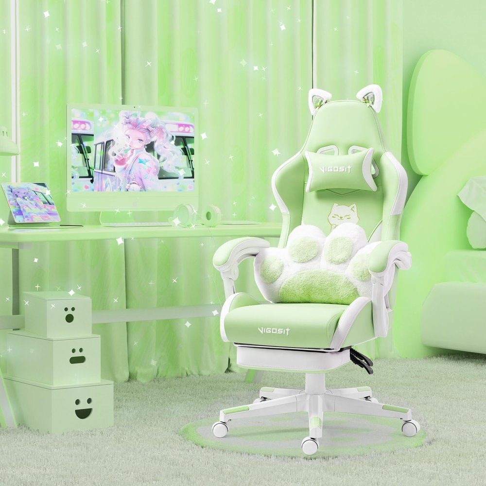 Vigosit Cute Cat Ears Gaming Chair for Women Girls - Ergonomic PU Leather Office Chair with Footrest cat paw Pillow, 360 Swivel Recliner, Green