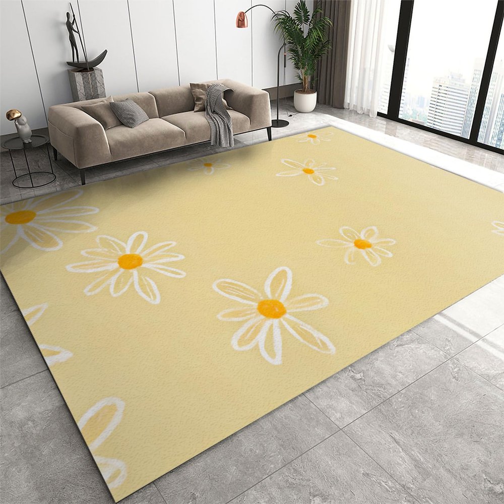 6x9 Area Rugs Light Yellow Sunshine Daisy Living Room Rugs, Simple Nordic Freshness Classroom Rug with Carpet Non-Slip Backing for Bedroom Office Home Decor